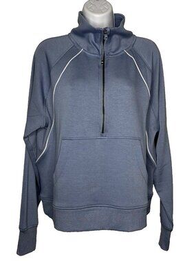 Danskin Mixed Rib 1/2 Zip Pullover Sweatshirt Size M Blue White Thumbholes